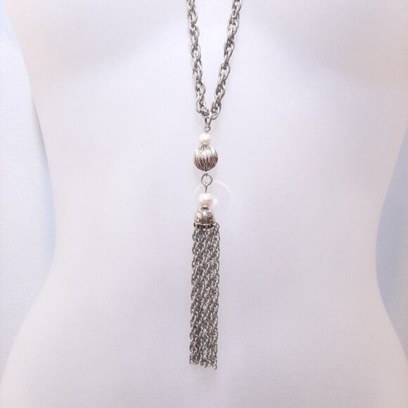 4Pc Set Faux Pearl Silver Chain Jewelry Lariat Knot Necklace Bracelet Tassel - Picture 9 of 13